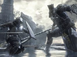 Two knights are fighting in the water.